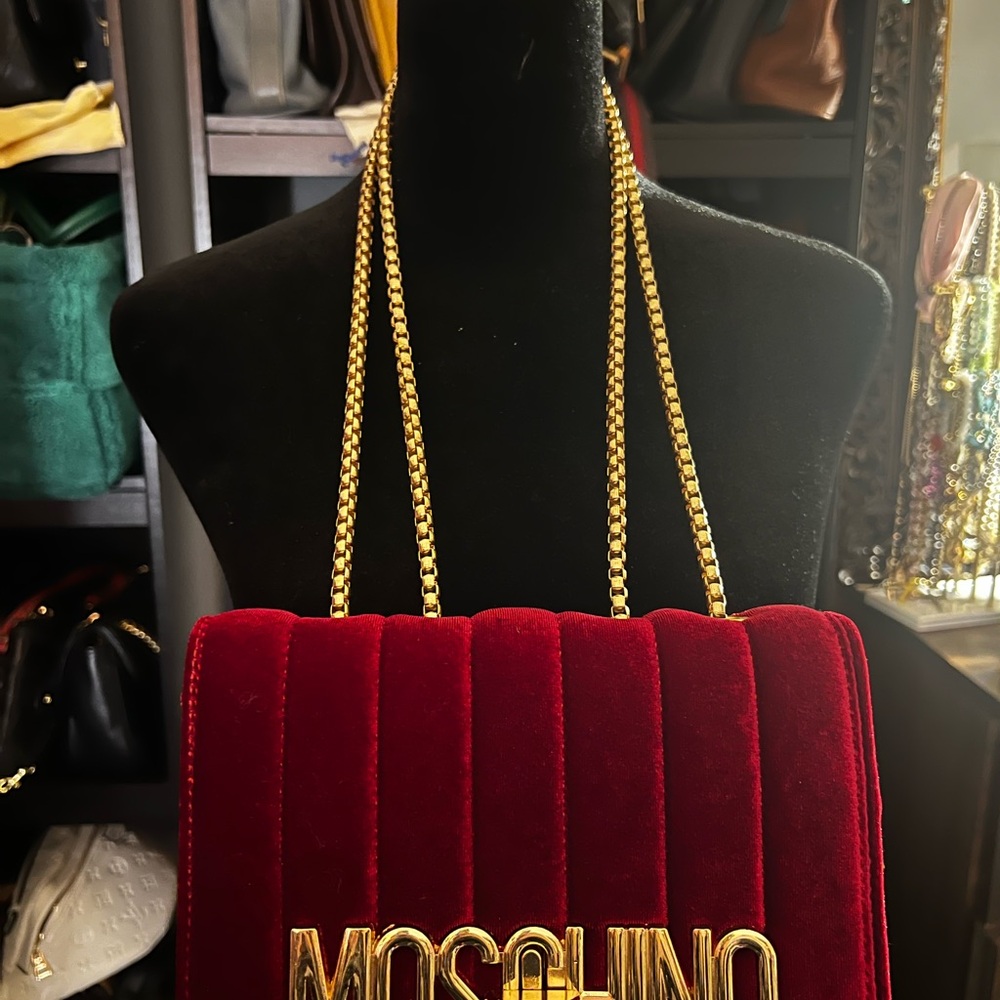 Moschino Inspired Burgundy Velvet Shoulder Bag with Gold Chain